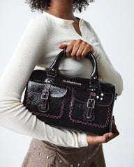 Top Handle Distressed Patent Leather Bag